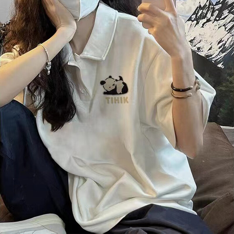 Du Yan 2023 Double yarn cotton back wrap neck American vintage POLO neck short sleeve T-shirt women's loose top