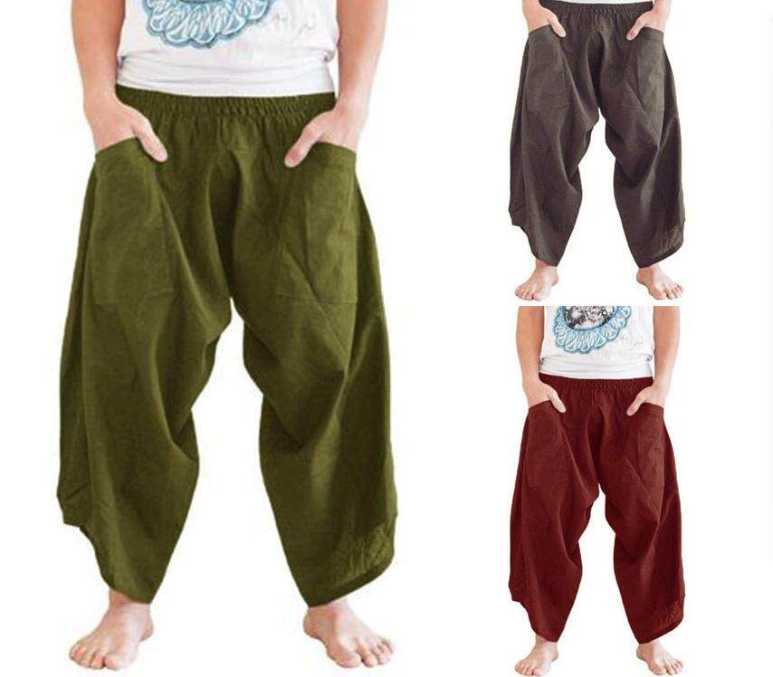 Adult Men Medieval Renaissance Lounge Pirate Horseman Costume Loose Pants Viking Black Brown Navigator Leg Bandage Trouser 5XL on