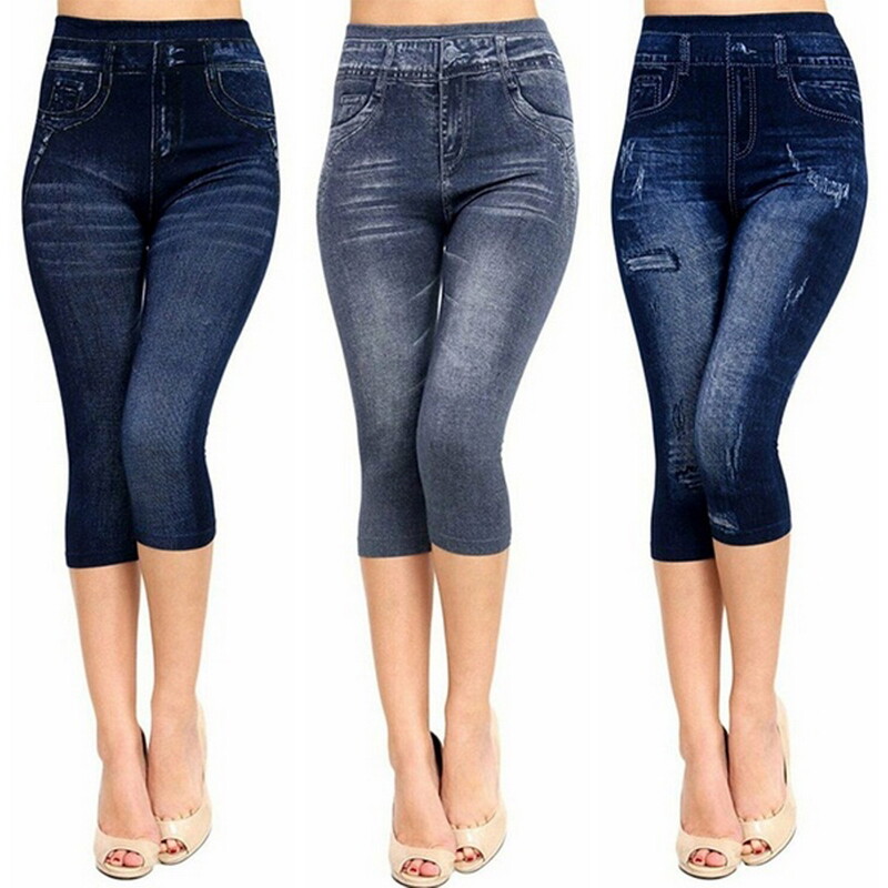 Adisputent Quần jean nữ legging cạp cao giả jean Quần Bò Giả Mới Vải Denim Cho Nữ Quần Legging Quần Mùa Hè 3/4, Quần Nữ Cạp Cao, Legging Denim Giả In Co Giãn