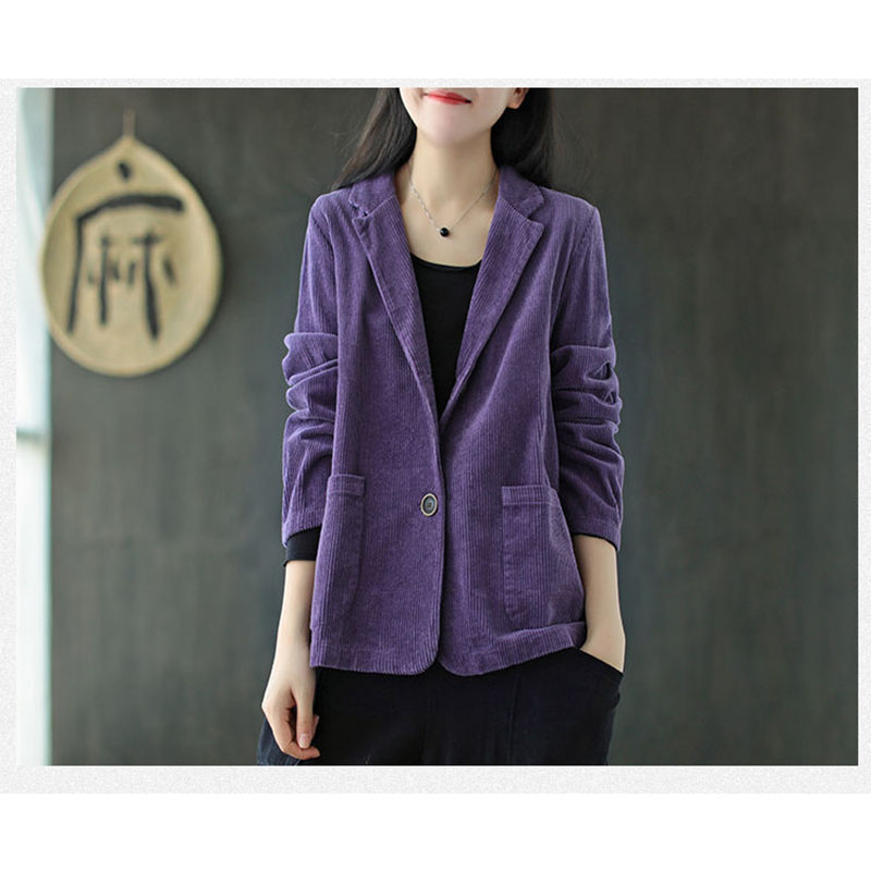 【SW】Corduroy Phù Hợp Với Cổ Áo Áo Khoác Cổ Điển Có Túi Dài Tay Màu Trơn