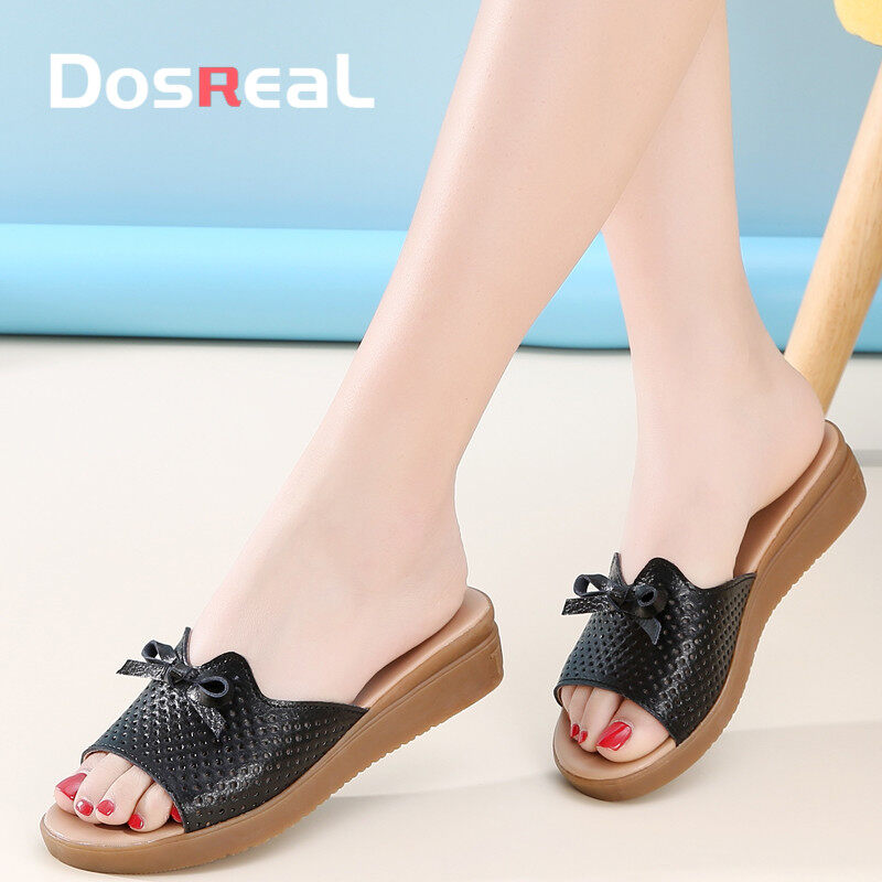 DOSREAL Women Slides Fashion Genuines Leather Beach Shoes Women shoes Flat Heels Flip Flops Barefoot Slippers