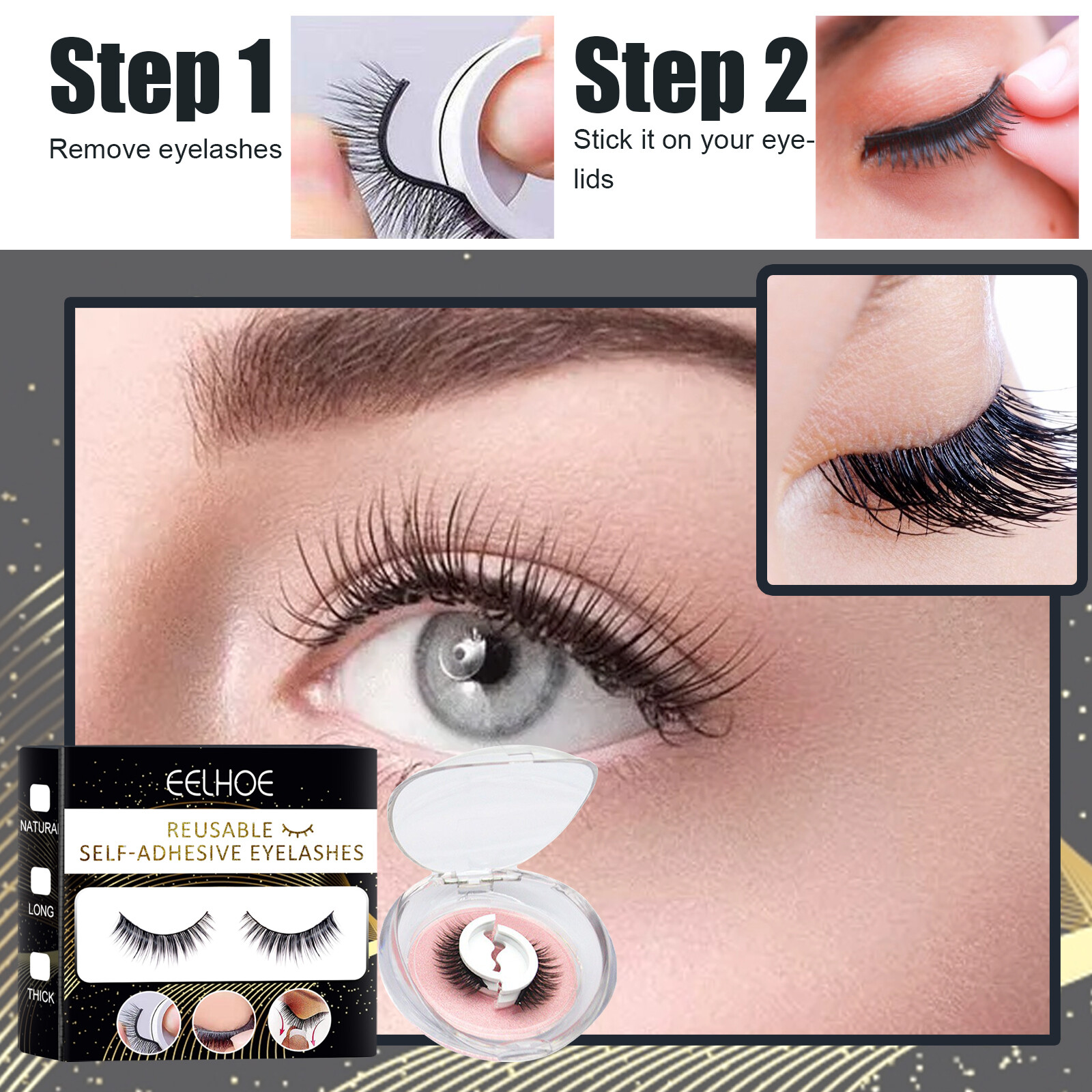 【Hot Sale】Eelhoe Reusable Self-adhesive False Eyelashes Natural  Long Thick Multiple Reversible Self-adhesive Free Glue 3D Fake Eyelashes Professional Non Irritating Comfortable Reusable Cosmetics（1Pair）