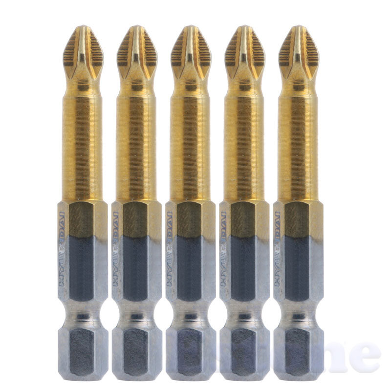 5Pcs Titanium Coated 1/4" Hex Shank PH2 50mm Anti Slip Electric Screwdriver Bits