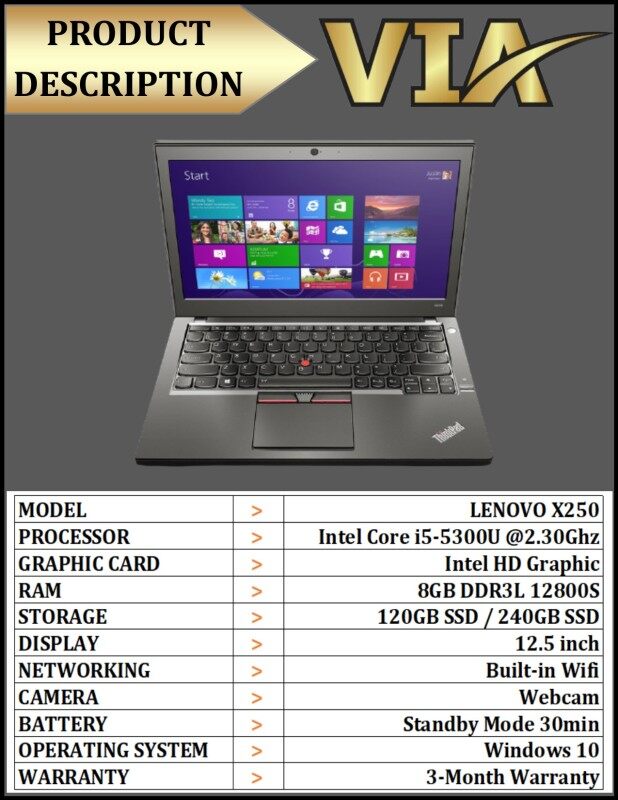 【READY STOCK】LENOVO X250 ULTRABOOK~Core i5~5th Gen~8GB DDR3L~120GB SSD / 240GB SSD~HDD~W10~WEBCAM Malaysia