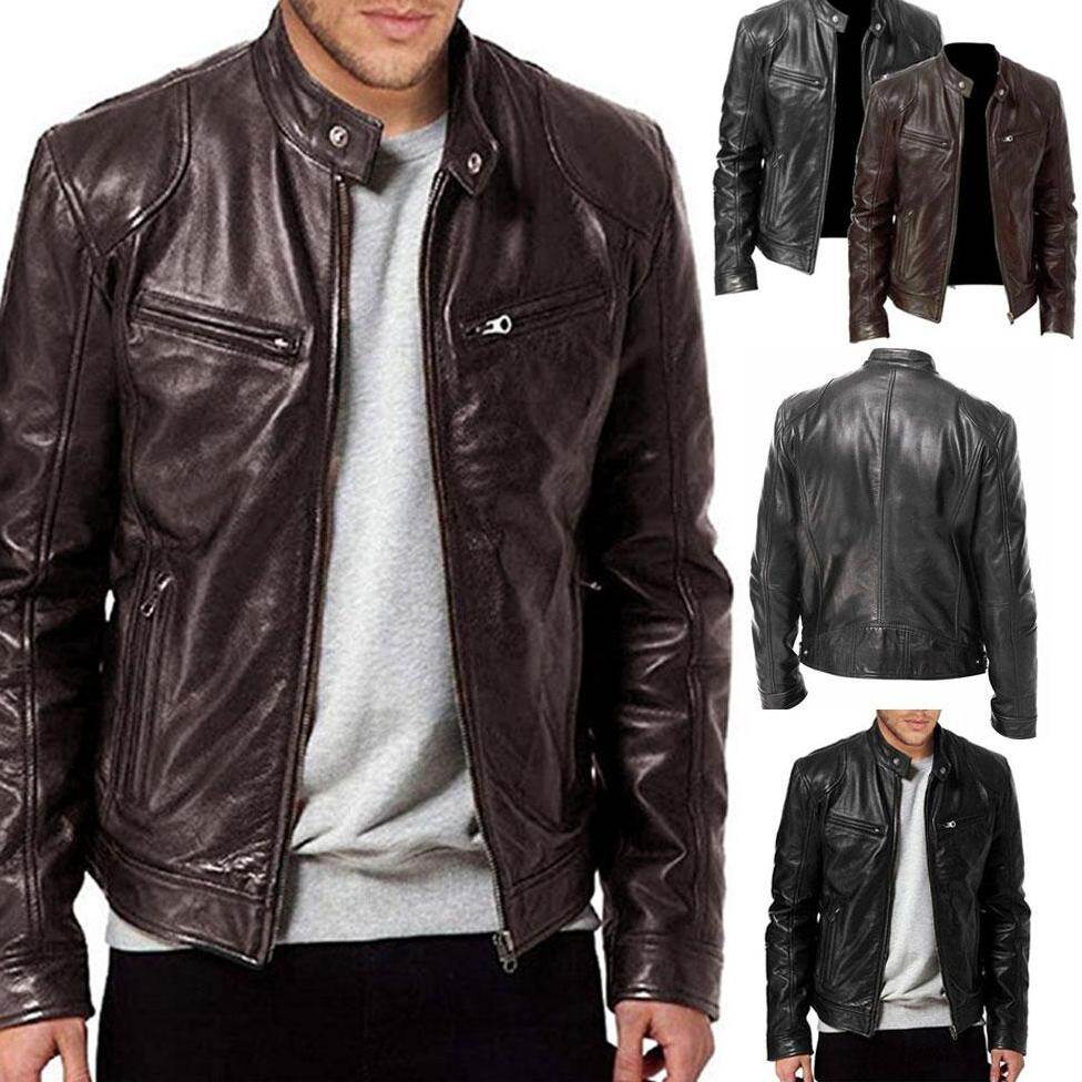 Happybuyner Fashion Men Genuine Leather Jacket Slim Fit Real Biker New Vintage Jacket Coat Blouses Male Boy Cool Coats