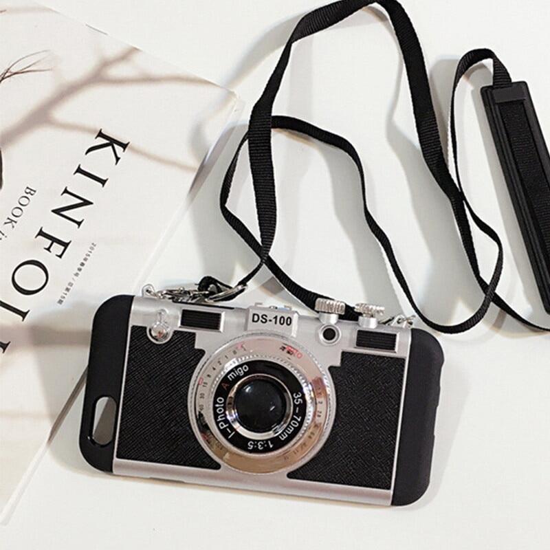 3d camera phone case on for iphone 13 11 pro 12 pro xs max xr x lanyard retro shockproof for iphone 7 8 6 6s plus se2 cover