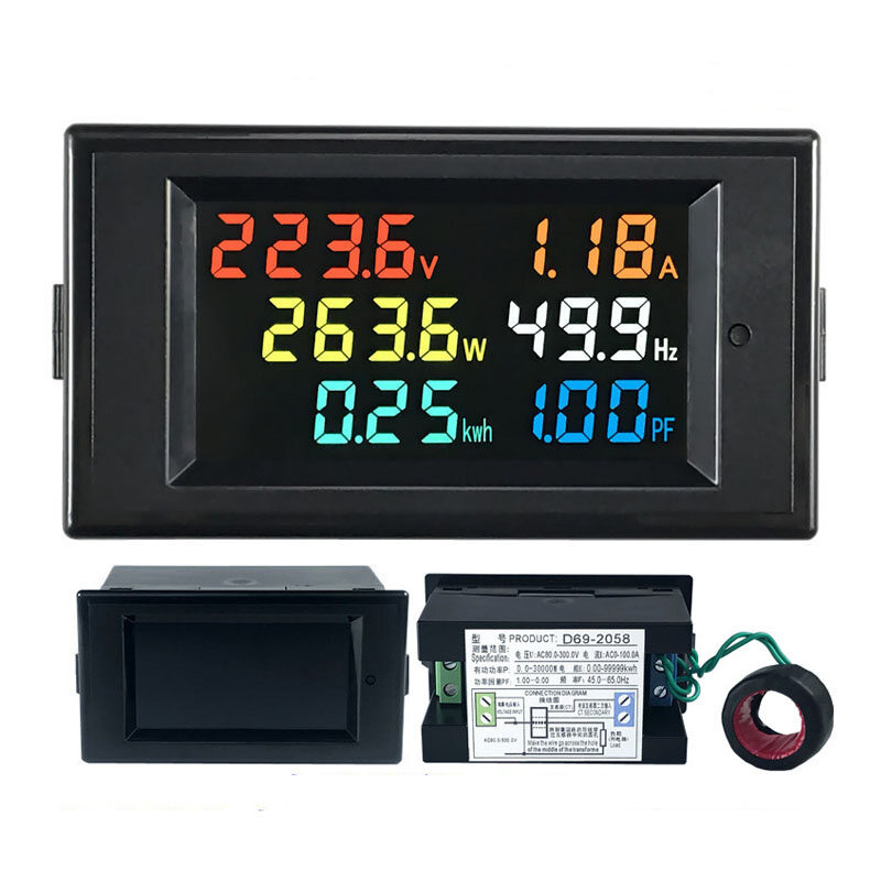 D69-2058 Voltmeter Current Power Factor Active KWH Electric Energy Frequency Meter Digital LCD VOLT AMP CT Digital MULTIMETER