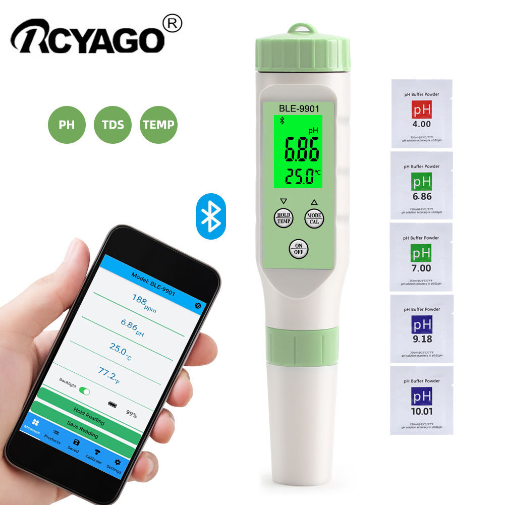 3 in 1 PH EC Temp Meter RCYAGO Smart Bluetooth PH Meter PH Tester 0.01 PH High Accuracy Water Quality Tester with ATC 