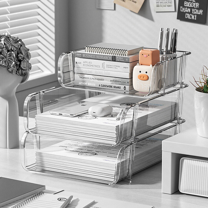 Storage rack transparent Desktop storage box File storage rack Office storage shelf Dust prevention punch-free stackable PET Data organizer Storage box