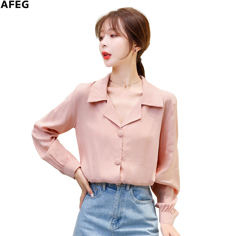 AFEG solid color new Korean version of V-neck fashion all-match retro temperament chiffon long-sleeved blouse for women