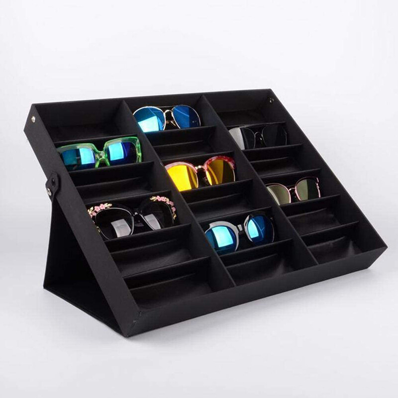 Beautybigbanggiá trưng bày kính 18 ngăn hộp đựng kính râm hộp sắp xếp trang sức kính hộp trưng bày kính có thể gập lại