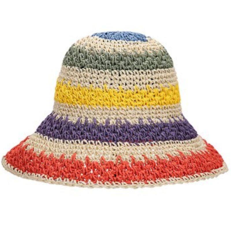 Women Summer Handmade Crochet Straw Sun Hat Rainbow Colorful Stripes Patchwork Wide Brim Sunscreen Vacation Beach Cap