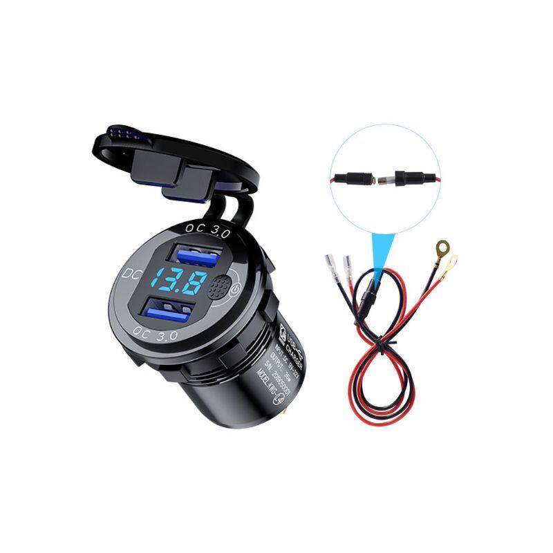 【Ready Stock】12V 24V Aluminum Waterproof Dual QC3.0 USB Fast Charger Power Outlet LED Voltmeter Switch Cable for Car Marine Truck SUV