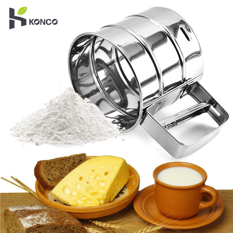 KONCO Stainless Steel Flour sieve Sifters Powder Cocoa Shaker Sieve Cup Baking Mesh Crank Flour Sifter for Flour Icing Sugar Sifter