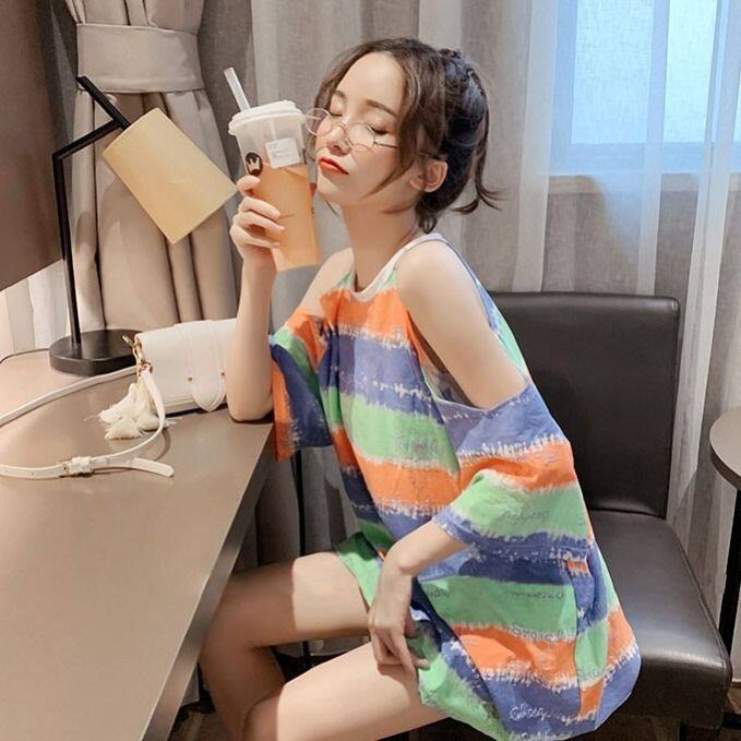 MSBEST Rainbow Striped Women Short Sleeve T-shirt Summer Loose-Fit Off-Shoulder Top