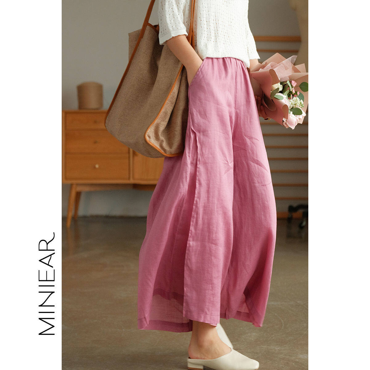 WhiteTime Candy color elastic waist high split pants Xiaoxiangfeng really wears good-looking five stars high-quality casual linen wide-leg pants women's nine points 301P0036