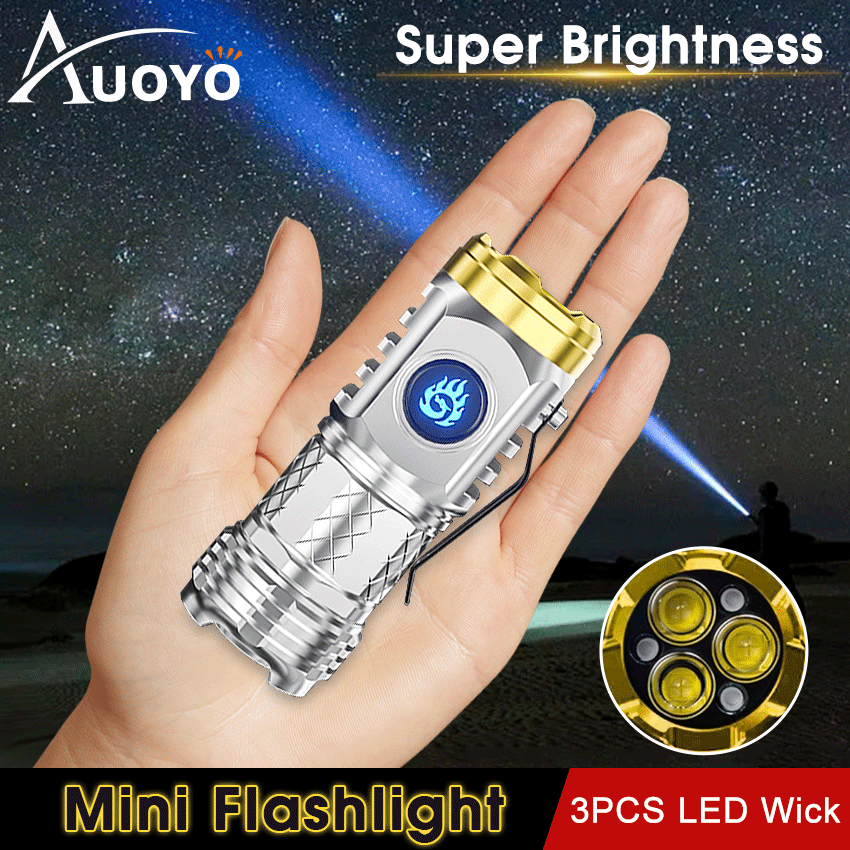 Auoyo Powerful Mini Flashlight Long Distance Keychain Super Bright LED Torch Light Flashlight Portable Rechargeable Flashlight Outdoor Pocket Size Waterproof Flashlight USB Rechargeable for Hiking Camping with Power Indicator