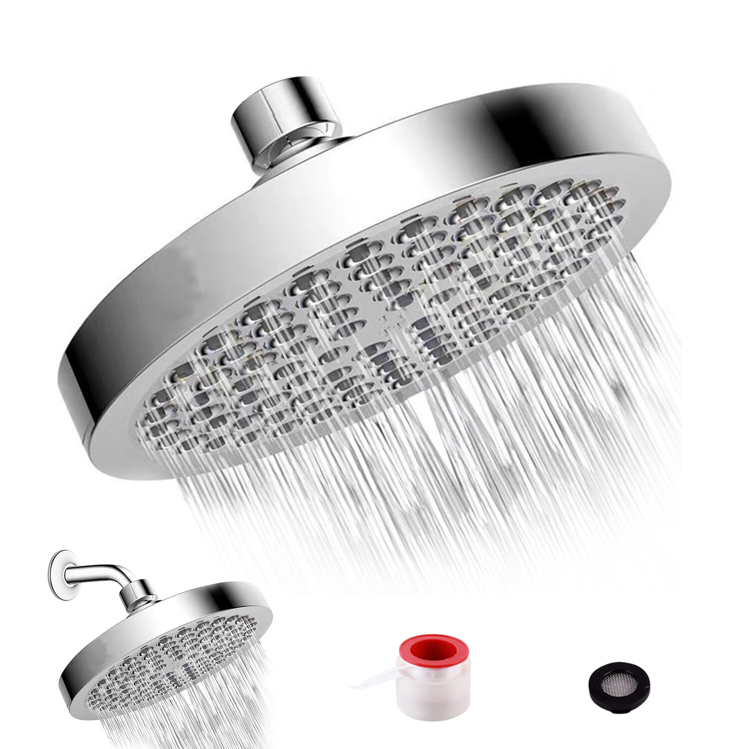 6 Inches High Pressure Shower Head G1/2 Rain Showerhead Adjustable Bathroom Shower Head Spray Showerhead Polished Chrome Bath Rain Round Shower Head Replacement (High Pressure)