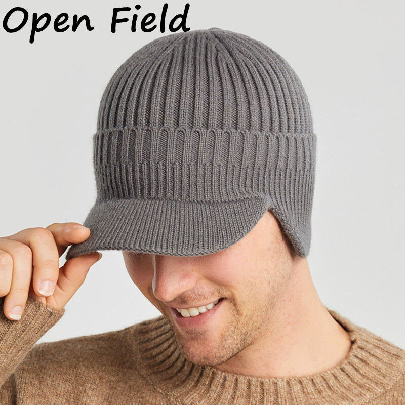 Field Men Winter Knitted Hat Outdoor Warm Thickened Windproof Ear Protection Cap Short Brim Solid Color Hat