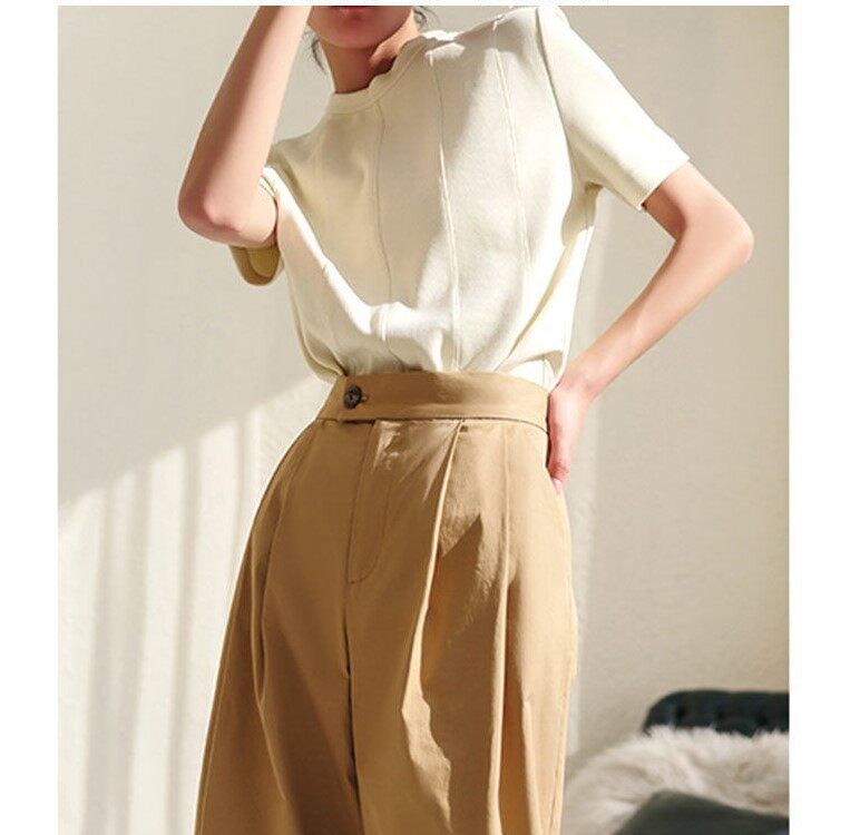 Alisa.Sonya Korean version of white Good quality short sleeves Round neck shoulder Women T-shirt