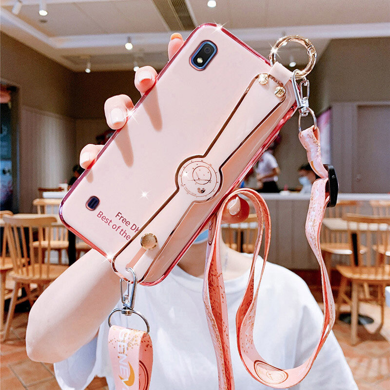 Casing for Samsung Galaxy A10 A10S A11 Case with Lanyard & Wristband Stand, Luxury Ultra Thin Shiny Plating Phone Cases Soft TPU Silicone Shockproof Protective Casing Cover for Galaxy A11 A10S A10