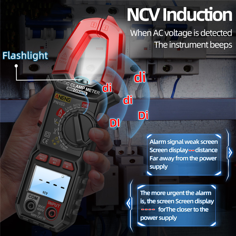 diymore PN103 6000 Đo lưu lượng/nhiệt độ tối đa 600A AC/DC Dụng cụ kẹp kỹ thuật số Khoảng cách tự động TRMS AC/DC Điện áp/dòng điện liên tục Tần số Điện dung NCVT Nhiệt độ
