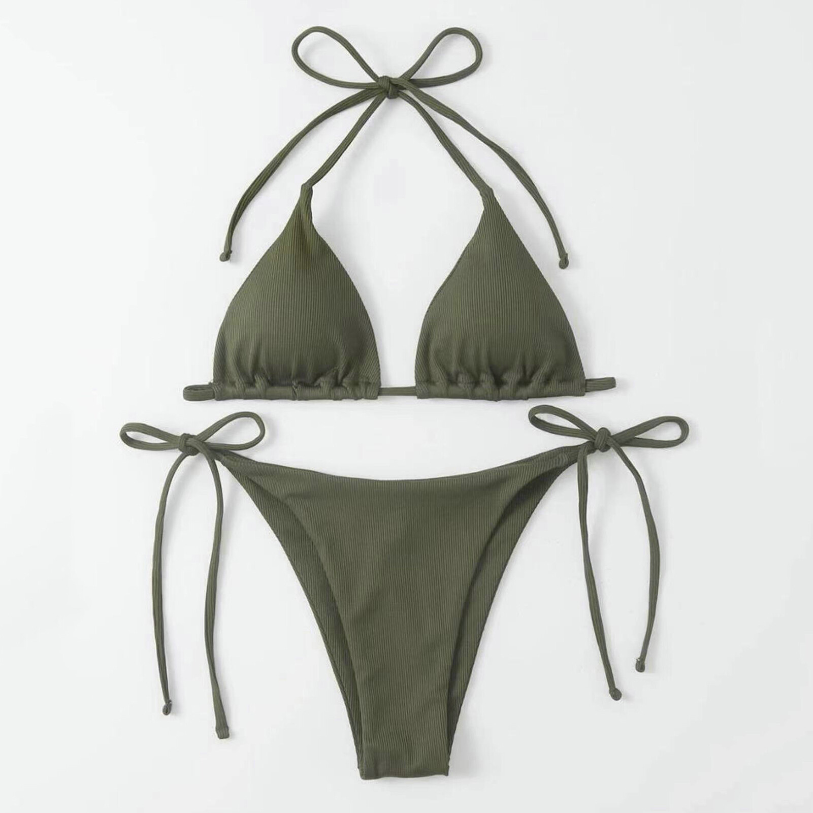 Witty Code 2Pcs/Set Ribbed Backless Pads Bikini Set Halter Triangle Bra Side Tie Thong Swimwear Beachwear Bikini Set Ribbed