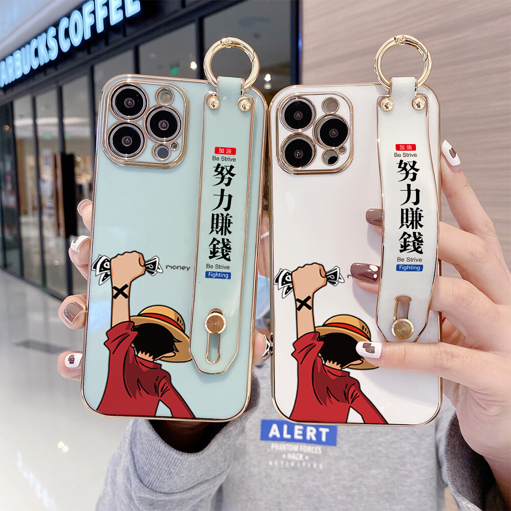 (With Wristband) Hontinga Casing Case For iphone 11 Pro Max 12 Mini 12 Pro Max 13 Mini 13 Pro Max Case Anime Luffy Luxury Chrome Plated Soft TPU Square Phone Case Full Cover Camera Protection Anti Gores Rubber Cases For Girls