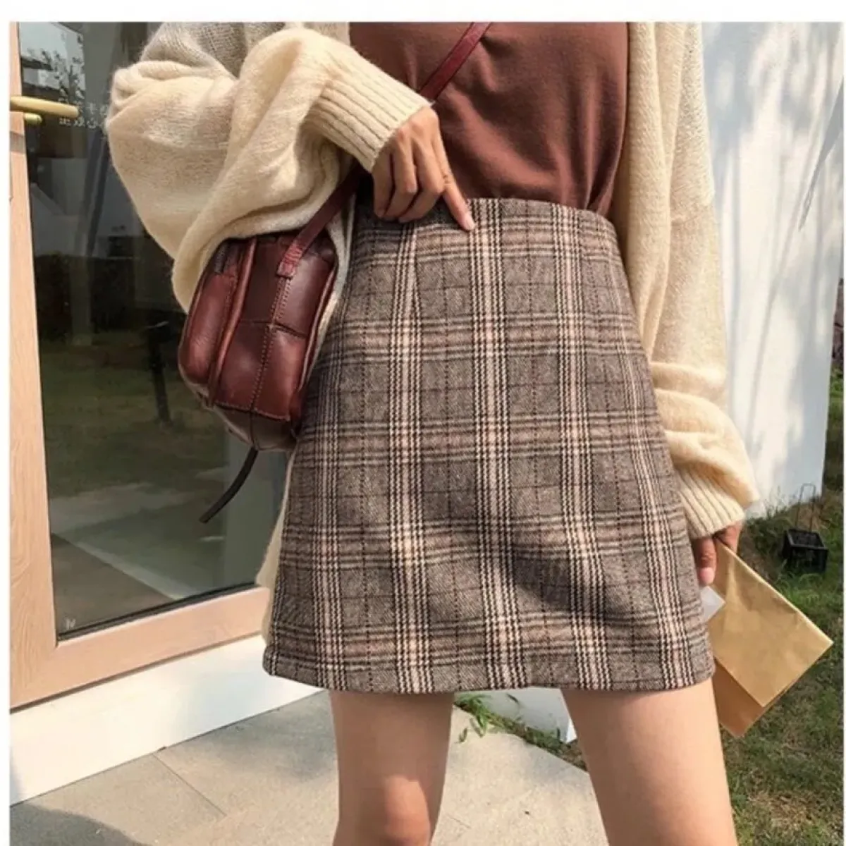 brown plaid skirt knee length