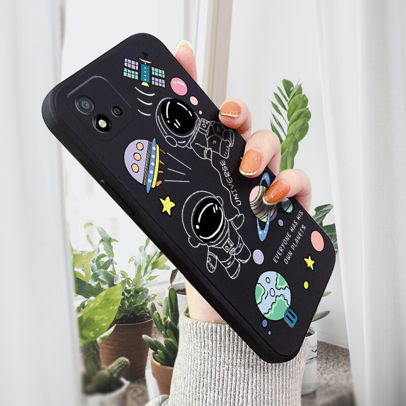 Casing For Xiaomi Redmi A1 a1 Realme Narzo 50i Narzo 50A Realme C21Y C25Y C25 C25S C11 2021/Realme C20/C20A/C21 C11 realme C2 C15 realme 5 Pro Fashion NASA Earth Planet Astronaut Phone Case Square Edge Pattern Liquid Silicone Casing Full Cover Camera Case