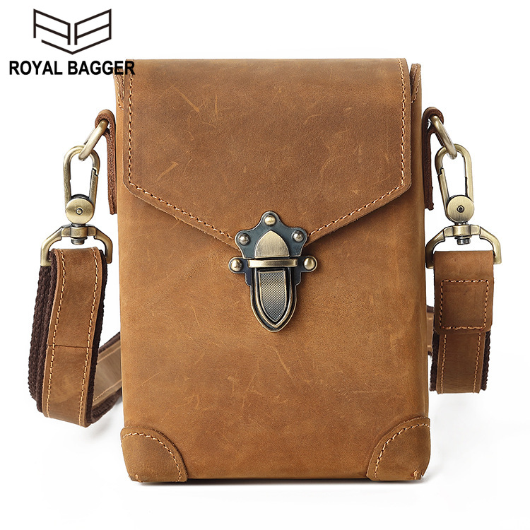 Royal Bagger New Genuine Cow Leather For Men Waist Pack Retro Multifunciotn Sling Shoulder Bag Casual Belt Phone Bag