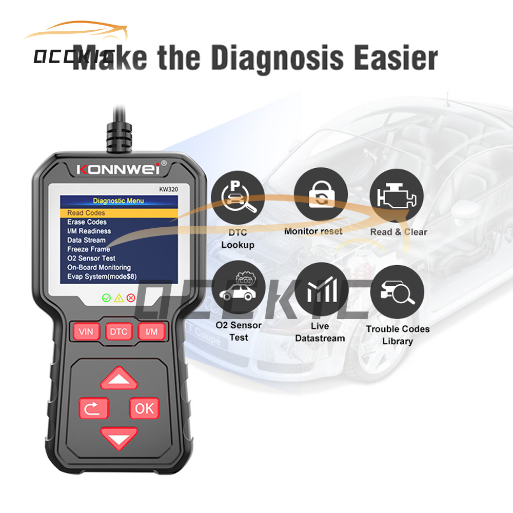 Occkic Konnwei Máy Đọc Mã Lỗi Tự Động OBD OBD2 Máy Quét Với Cảm Biến Quét Ánh Sáng Động Cơ Đa Ngôn Ngữ Kiểm Tra Máy Quét Tự Động Tốt Nhất Tự Động Công Cụ Chẩn Đoán KW320 Màu Đen