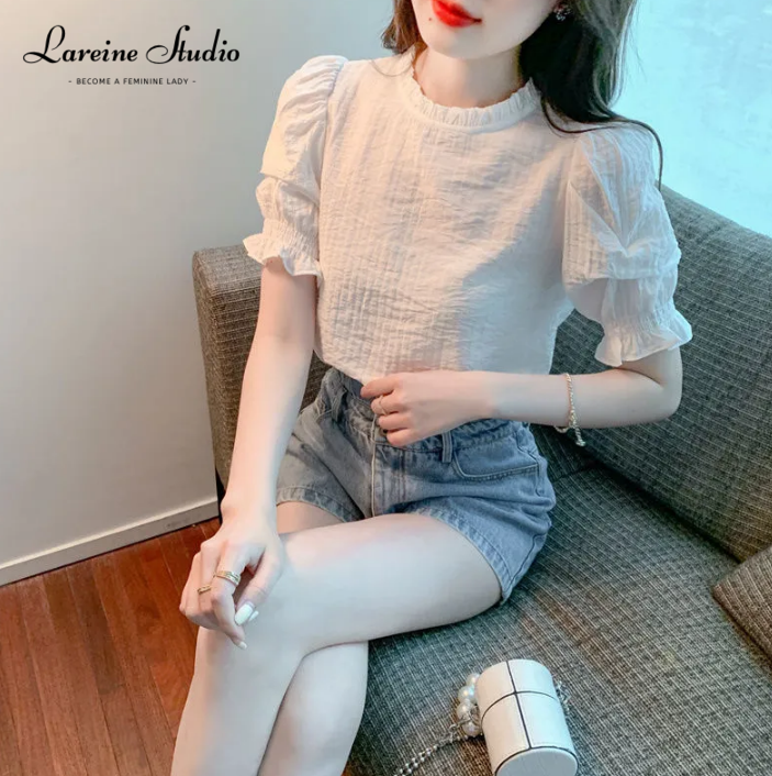 Lareine Áo Thun Cổ Tròn Tay áo bong bóng phong cách thường ngày Hàn Quốc Áo cánh nữ áo tay lửng xếp li Áo khoác Blouse Màu trơn