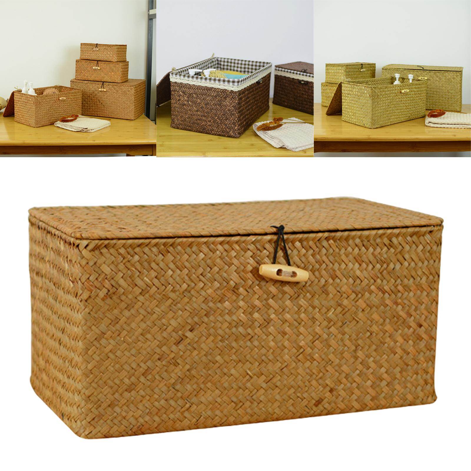 Baoblaze Wicker Baskets with Lids, Nautral Seagrass Storage Baskets, Woven Rectangular Basket Bins, Rattan Storage Organizer for Shelf