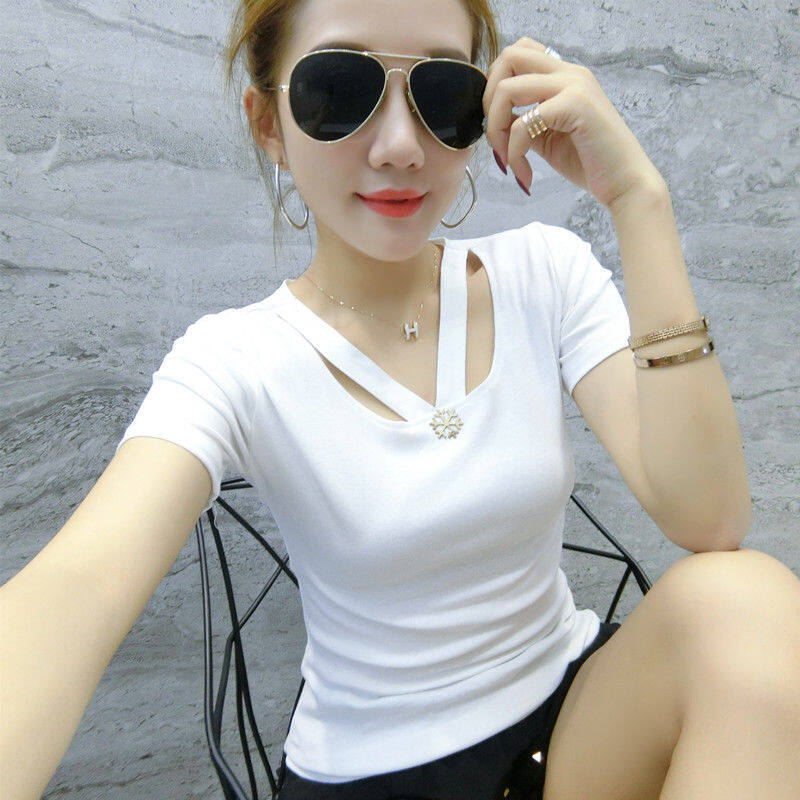 Mùa hè kẻ sọc ngắn tay Áo Phông Cổ Chữ V trắng ôm vừa nữ cơ bản dành cho người mảnh khảnh Áo sơ mi tay áo lửng