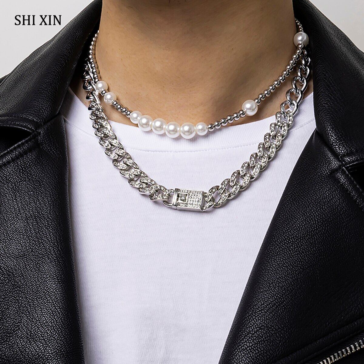 Hiphop Iced Out โซ่ประดับไรน์สโตนสร้อยคอ Colar สำหรับผู้หญิง/ผู้ชาย Layered Pearl/สร้อยคอคริสตัลลิงก์คิวบาโซ่คอ