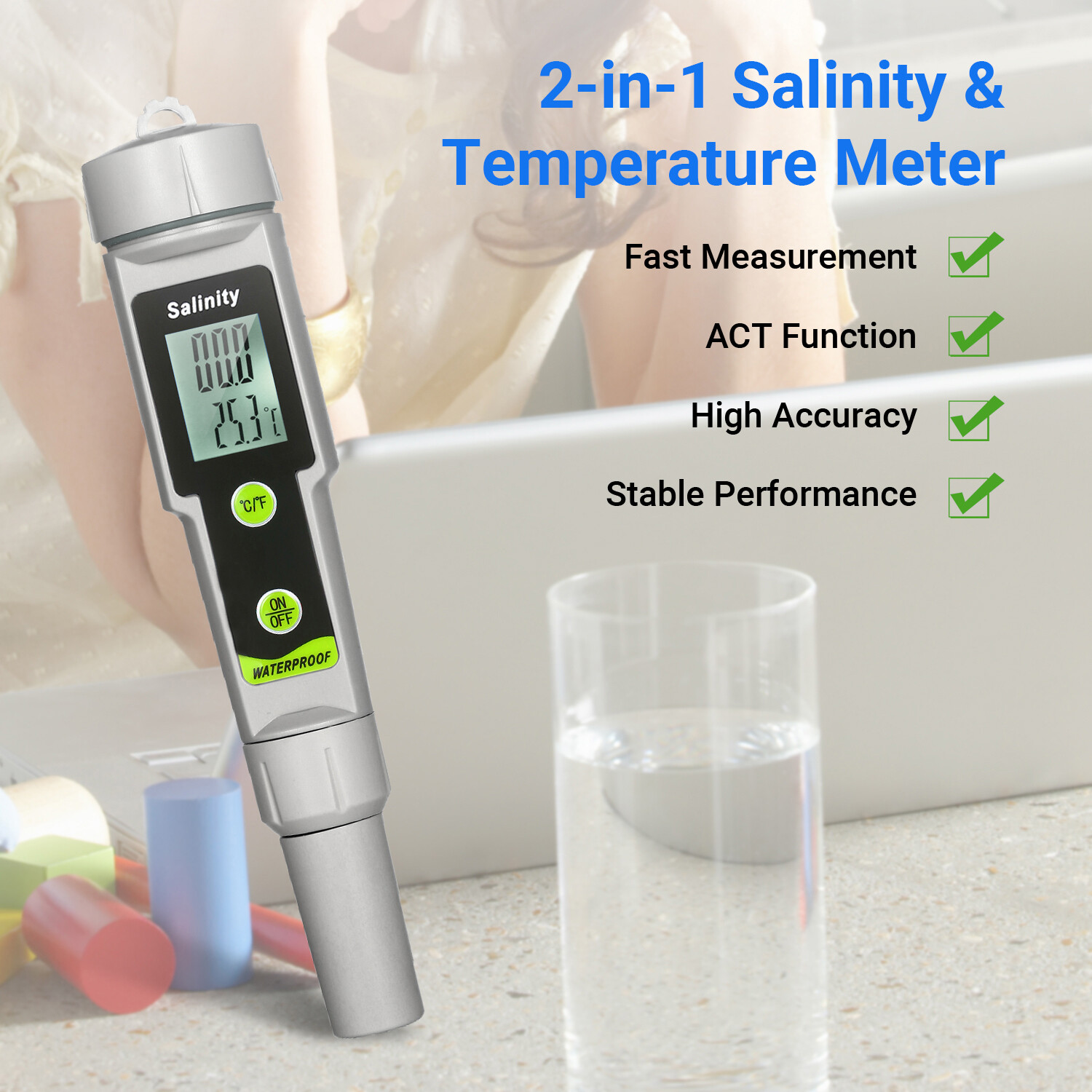Bút Kiểm Tra Độ Mặn Và Nhiệt Độ Chống Nước Salinometer, Bút Đo Độ Mặn Và Nhiệt Độ 2 Trong 1, Máy Đo Độ MặN Cầm Tay, Loại Bút Đo Độ MặN 0 ~ 199,9ppt, Phạm Vi-50 ~ 70 ℃, Máy Đo Nhiệt Độ, Đồ Uống Chuyển Đổi, Có Giá Trị Muối và Đồng Hồ Đo Nhiệt Độ