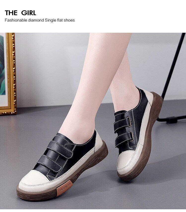 Genuine Leather Women Soft Sole Walking Shoes Girl Student Jooging Sneaker White Black Flats Female Casual Skate Trainers Summer