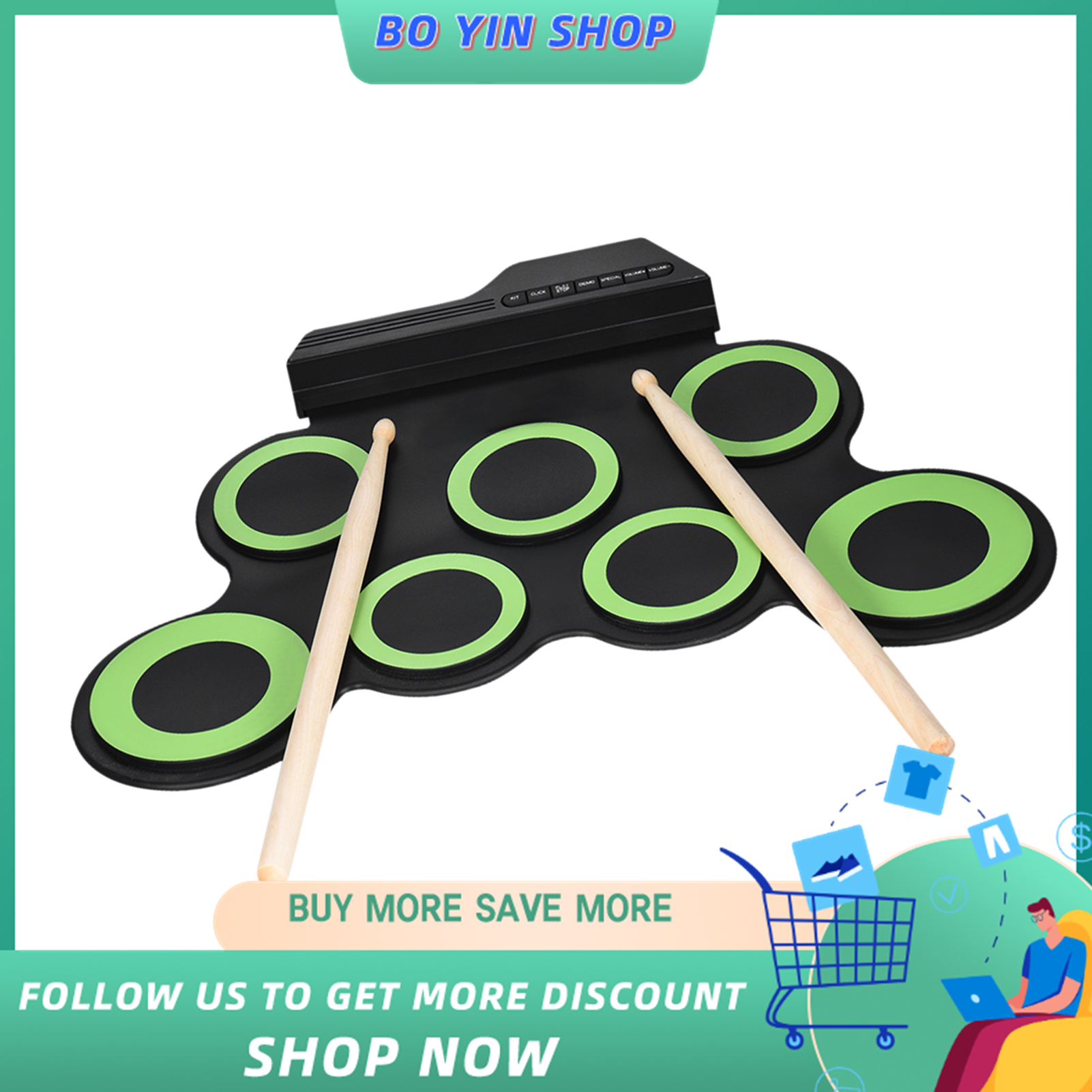 Compact Size Portable Digital Electronic Roll Up Drum Set Kit 7 Silicon Drum Pads USB Powered with Drumsticks Foot Pedals 3.5mm Audio Cable for Practice Beginners Kids