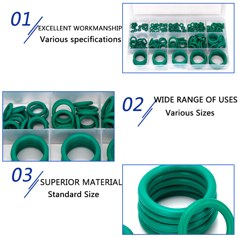 200 cái Bộ dụng cụ Bộ hộp 15 Kích cỡ 1.9-3.1mm Độ dày niêm phong cao su flo orings bền ổ cắm cao su màu xanh lá cây FKM Gasket