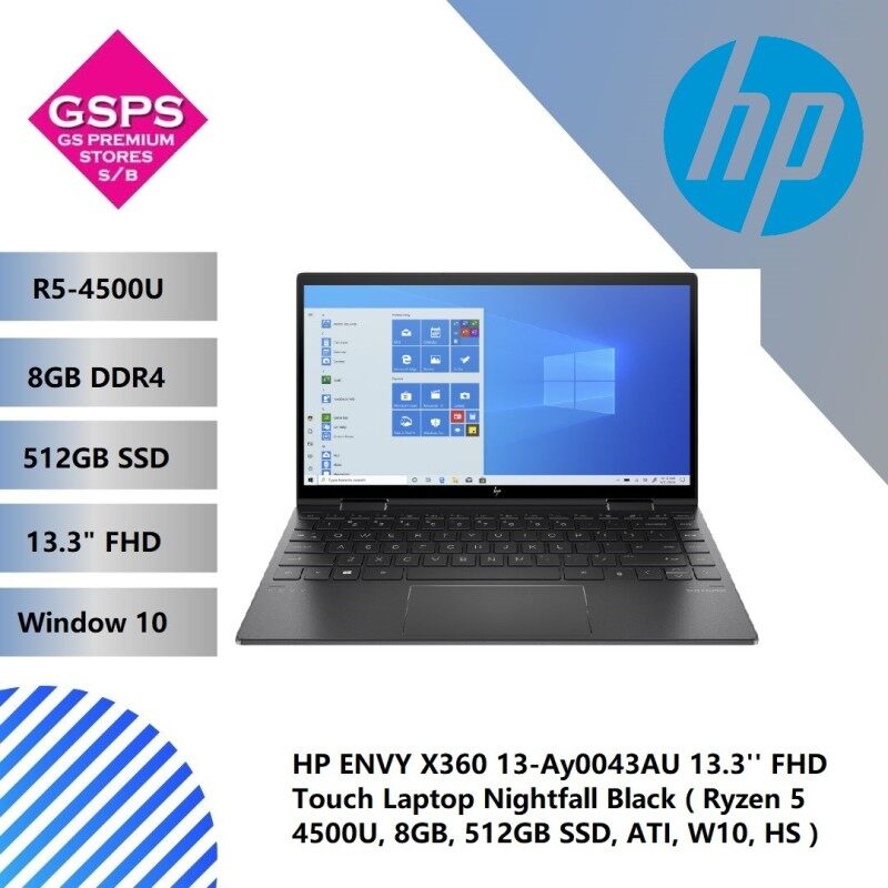 HP ENVY X360 13-Ay0043AU 13.3 FHD Touch Laptop Nightfall Black ( Ryzen 5 4500U, 8GB, 512GB SSD, ATI, W10, HS ) Malaysia