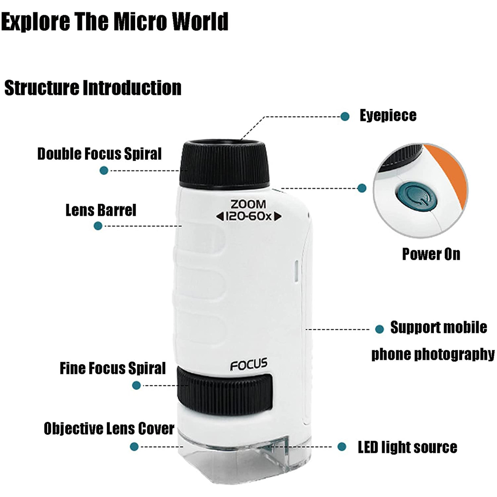 Kmoist Handheld Microscope Toy Lab LED Light 60X-180X Home School Biological Science Educational STEM Toys For Children Birthday Gift