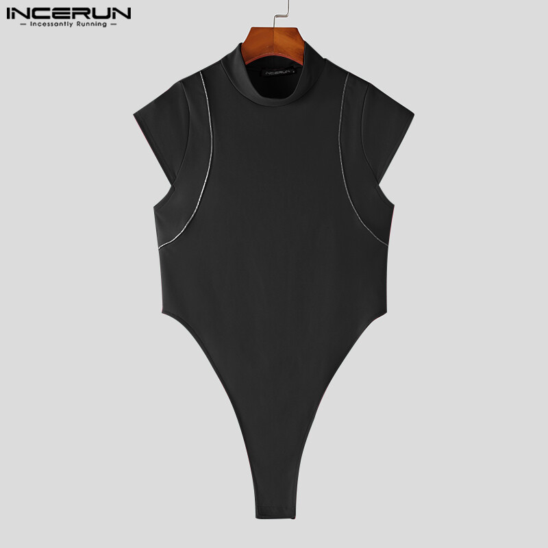 INCERUN Mens Sleeveless Plain Cargo Patchwork High Neck Plain Sleepwear Jumpsuits