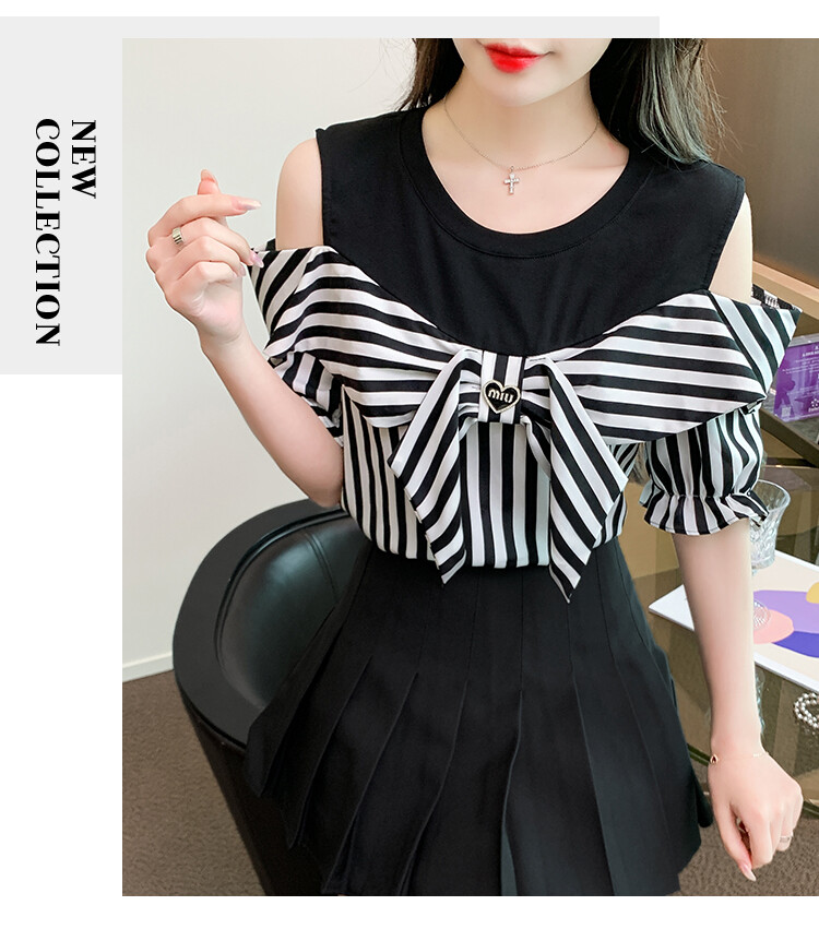 2023 Summer New Bow Tie Off Shoulder Short Sleeve Top