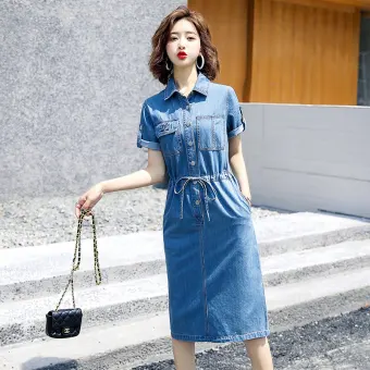 long denim button down dress