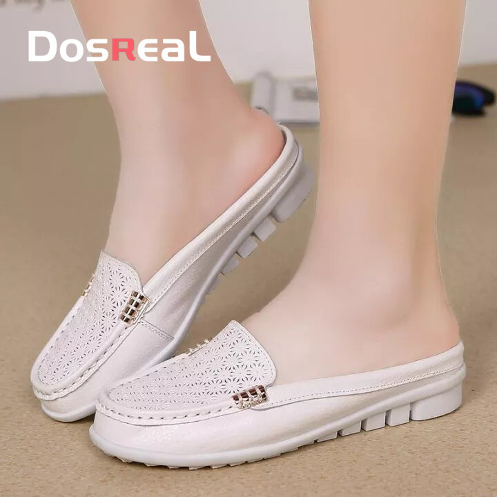 Dosreal 34-42 Large Size Women's Shoes Leather Hollow Breathable Half Slippers Women Slip on Nurse Loafers Shoes ราคา 1,096 บาท*ส่งฟรี