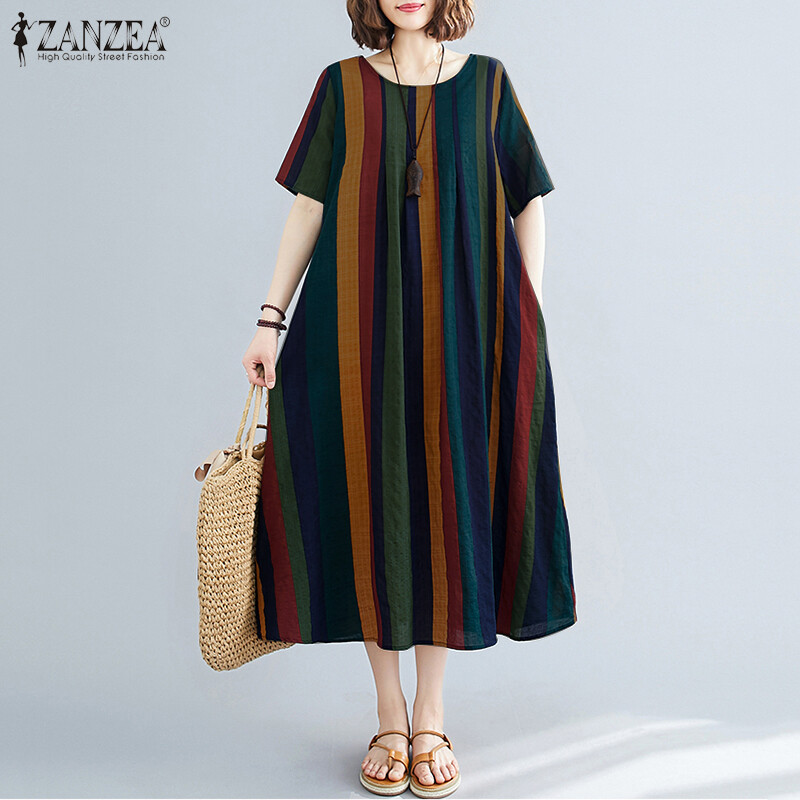 ZANZEA Women Striped Sundress Loose Baggy A-Line Flare Printed Long Maxi Dress