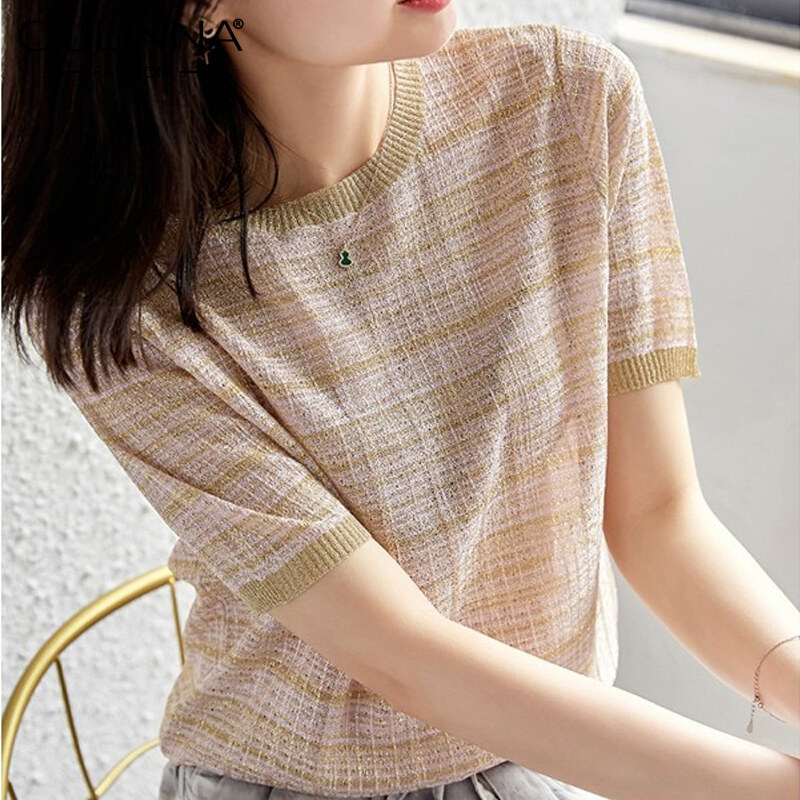 OULINNA 2021 Summer New Checkered Short-sleeved Knitted Women's Top Lightweight Ladies All-match Slim T-shirt