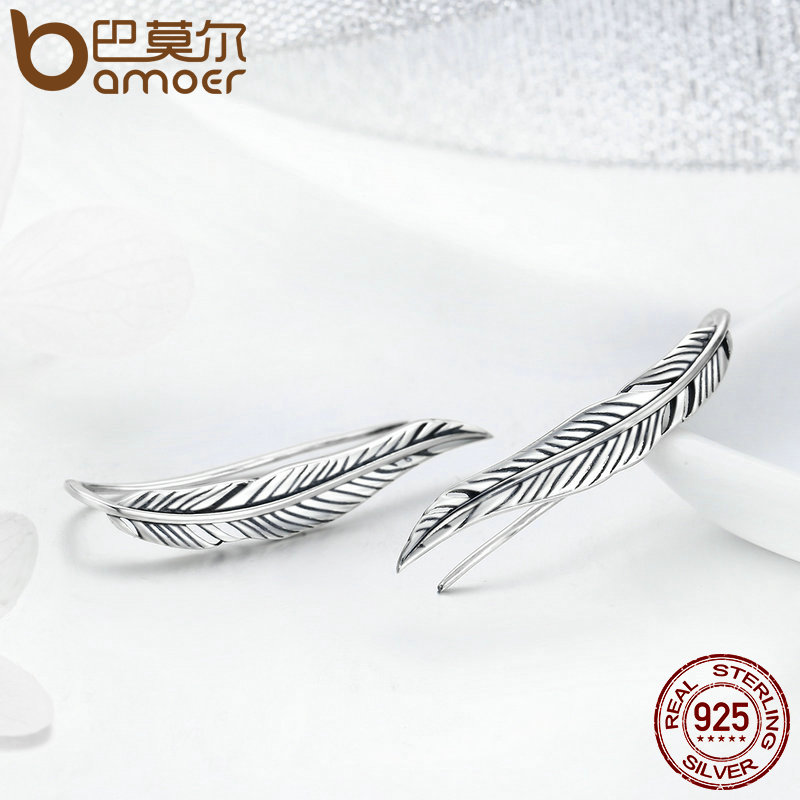 BAMOER Miễn Phí Vận Chuyển Bông Tai Dạng Hạt Hình Cánh Lông Vũ Bằng Bạc Ý 100% 925 Thật Với Đá CZ Trong Suốt Màu Trắng Cho Nữ Trang Sức Kỷ Niệm SCE258