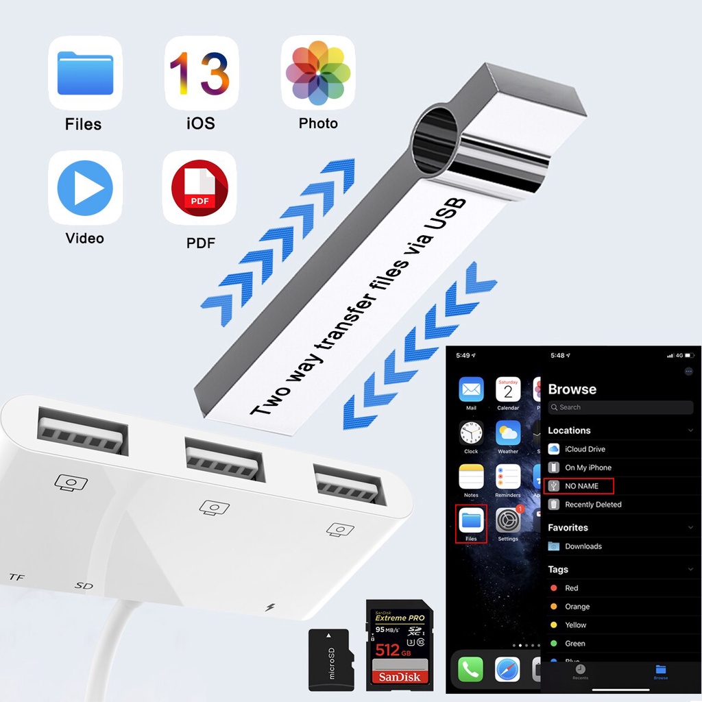 6 in 1 Lightning to USB OTG Card Reader SD/TF/USB Adapter lightning to Camera Connection Adapter for iPhone 14 13 12 11 Pro 8 X